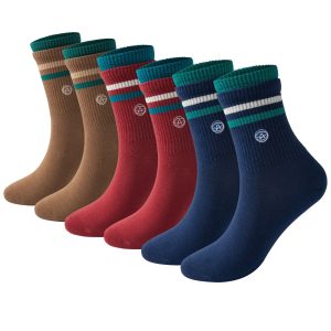 3-Pack Double-Layer Basketball Crew Socks - Red, Blue & Brown